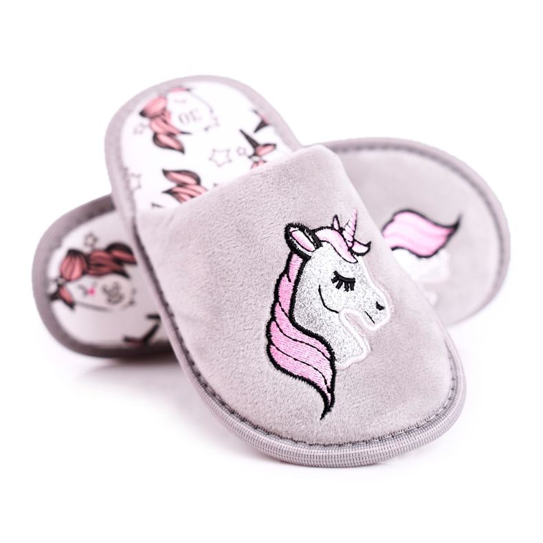 Pantuflas Infantiles Unicornio Gris Con Unicornio rosado plata Pantuflas Infantiles Unicornio Gris Con Unicornio rosado plata