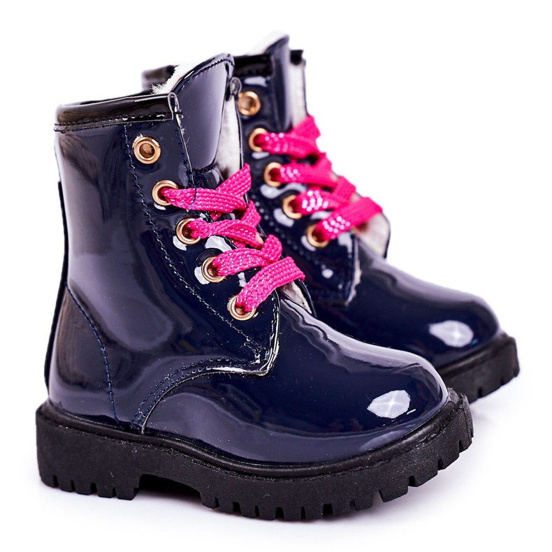 Botas Infantiles Calentadas Con Piel, Lacado Navy Pinkie azul marino