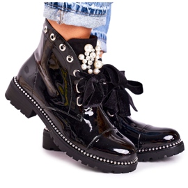 PS1 Botas de abrigo de mujer con perlas, chorros y cinta, barnizada Perla negro PS1 Botas de abrigo de mujer con perlas, chorros y cinta, barnizada Perla negro