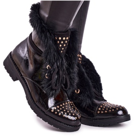 SEA Botas cálidas de mujer con pedrería y piel, Glam lacado negro