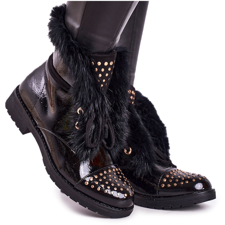SEA Botas cálidas de mujer con pedrería y piel, Glam lacado negro