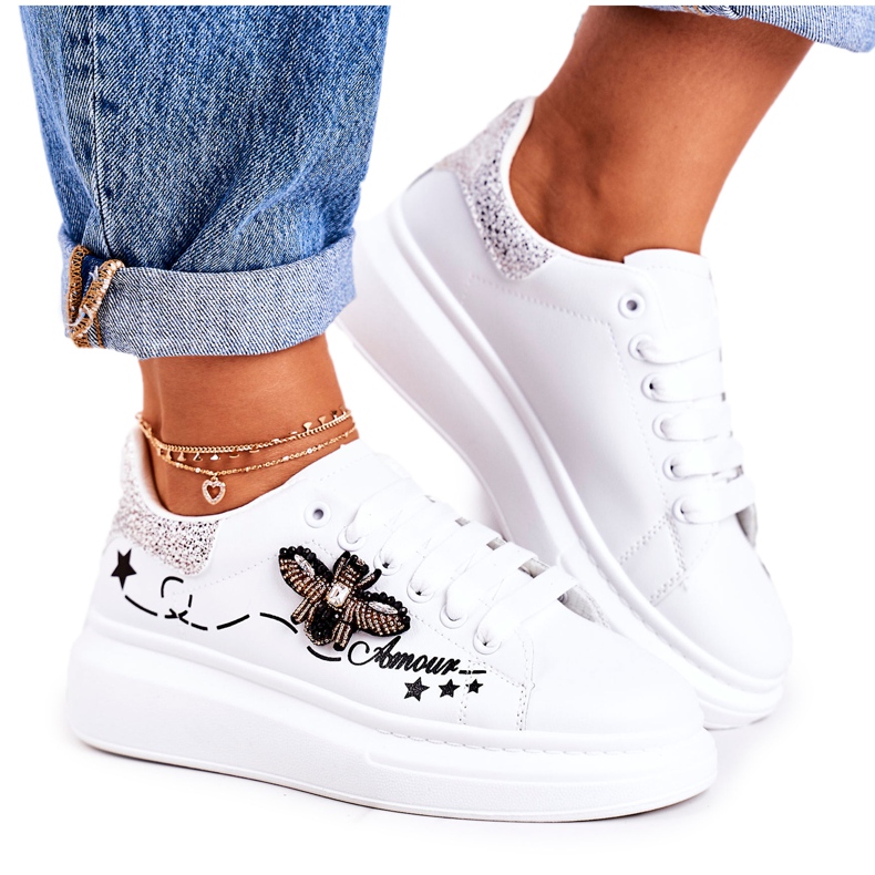 Zapatos Deportivos De Mujer Zapatillas Deportivas Con Mosca Blanco Plata Amour Zapatos Deportivos De Mujer Zapatillas Deportivas Con Mosca Blanco Plata Amour