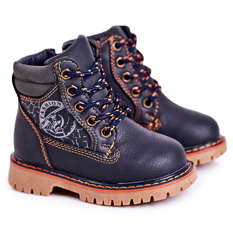 PL1 Botas cálidas para niños Trappers sobre suela de goma Azul marino Bobby naranja