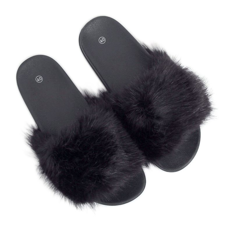 Negro CK107P Pantuflas negras con pelo Negro CK107P Pantuflas negras con pelo