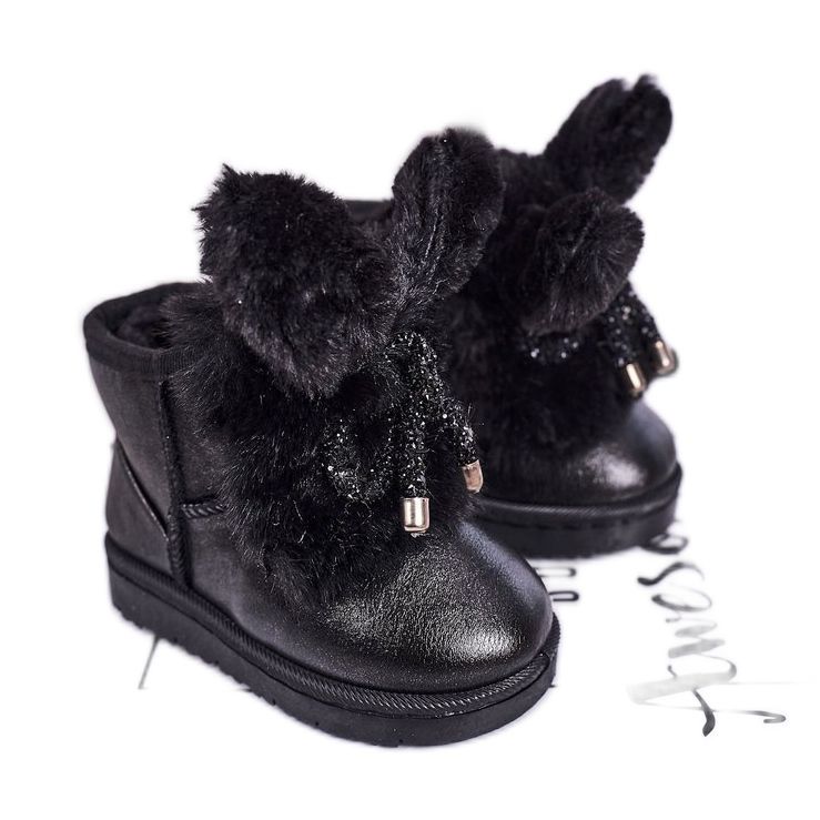 Botas de nieve para niños con pelo con orejas Black Bunny negro