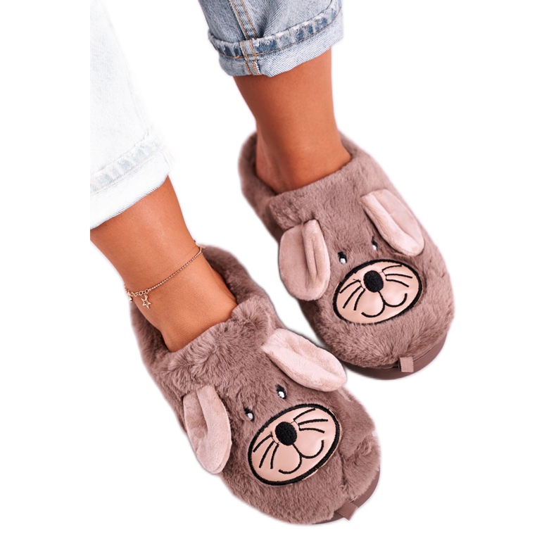 JOMIX Pantuflas de ratón de piel beige para mujer Home Sweet Home marrón