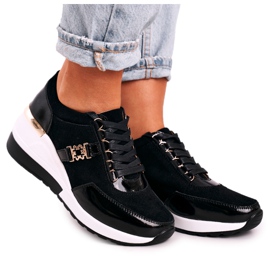 S.Barski Zapatillas de Mujer con Cuña en Piel Negro Dorado Roxette