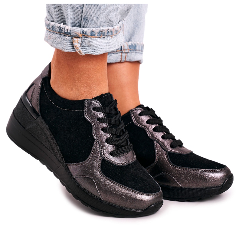S.Barski Zapatillas de Mujer en Piel con Cuña Negro Roxette