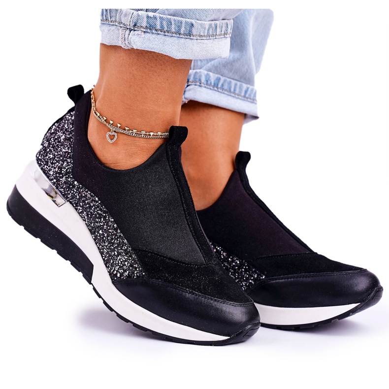 Nicole Zapatillas de Mujer en Piel con Cuña Negro Plata Frances