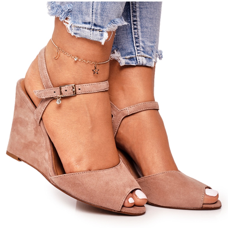 Sandalias Cuña Ante Laura Messi 2253 Rosa Polvo rosado