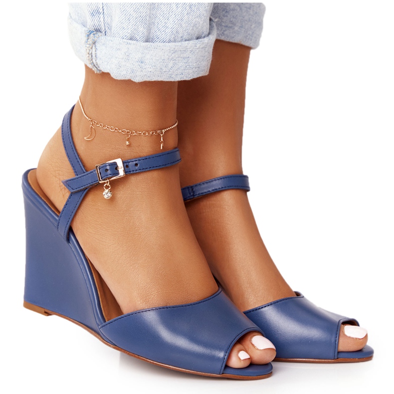 Sandalias Cuña Piel Laura Messi 2253 Azul