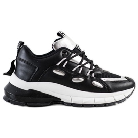 SHELOVET Zapatillas de deporte de cuero ecológico con estilo negro plata