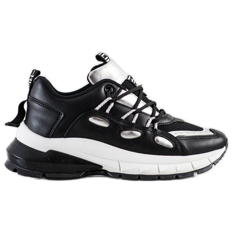 SHELOVET Zapatillas de deporte de cuero ecológico con estilo negro plata