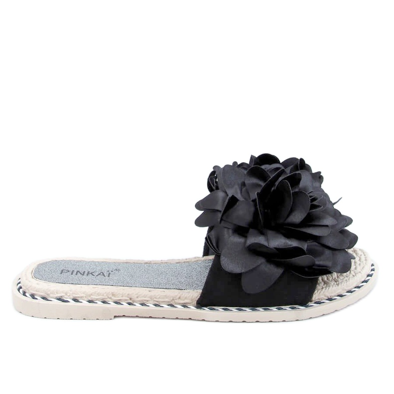 Negro LS005 Pantuflas de mujer negras con flores