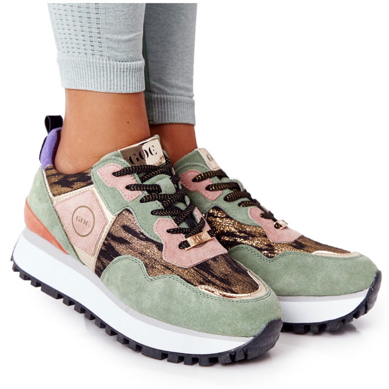 Zapatos deportivos de ante en la plataforma GOE HH2N4002 Verde-Dorado beige marrón rosado
