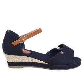 Sandalias Tommy en un tacón de cuña baja azul BL-362 Navy marrón azul marino
