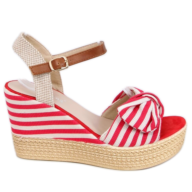 Sandalias de cuña de rayas rojas A89907 Rojo beige marrón