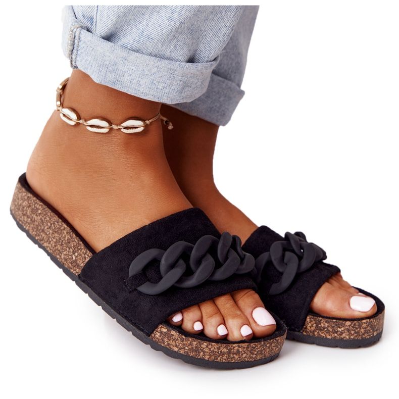 MSMG Pantuflas negras de ante Makayla en la suela de corcho negro MSMG Pantuflas negras de ante Makayla en la suela de corcho negro