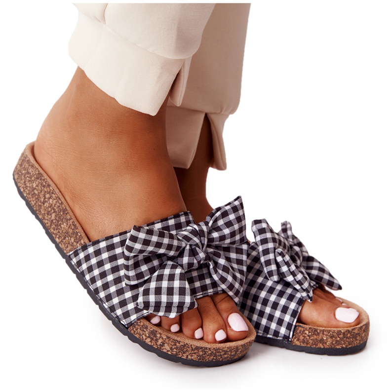 MSMG Pantuflas En Suela De Corcho Con Lazo Cuadros Amara blanco negro MSMG Pantuflas En Suela De Corcho Con Lazo Cuadros Amara blanco negro