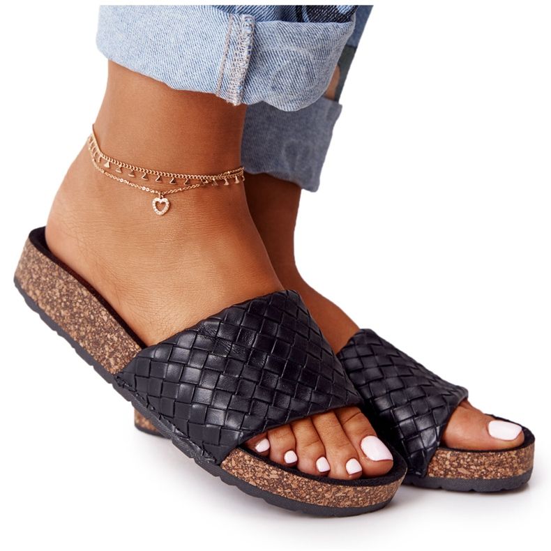 MSMG Pantuflas de Piel Catalina Negra con Suela de Corcho negro