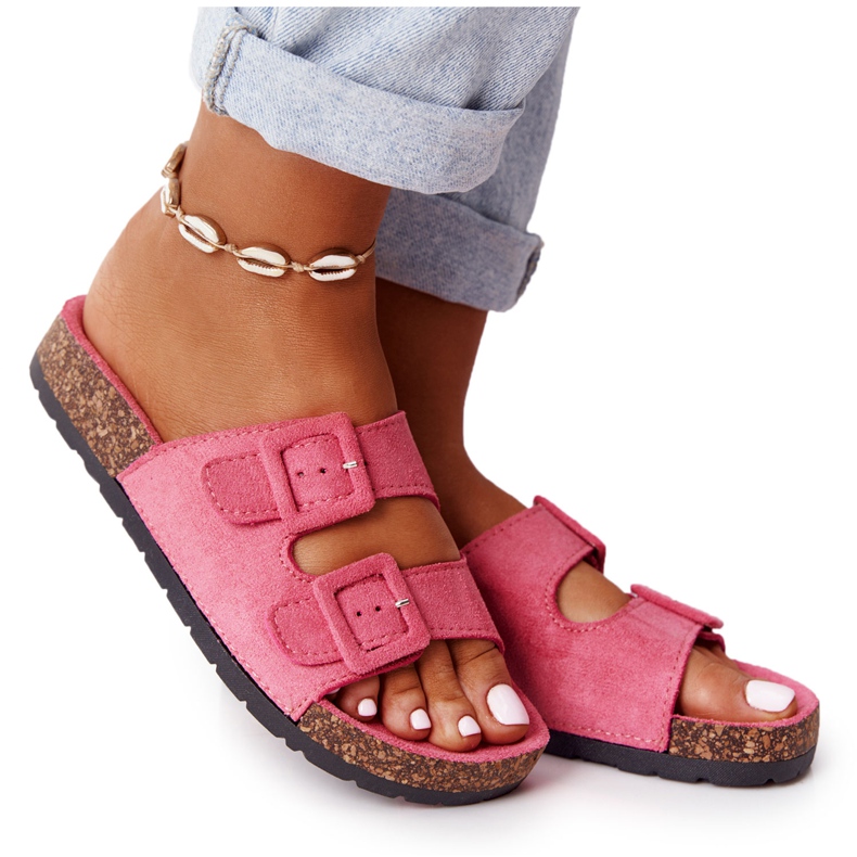 MSMG Pantuflas de ante rosa Jennifer con suela de corcho rosado