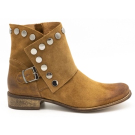 Exousite Botines de piel para mujer con tachuelas 1198 camel marrón multicolor