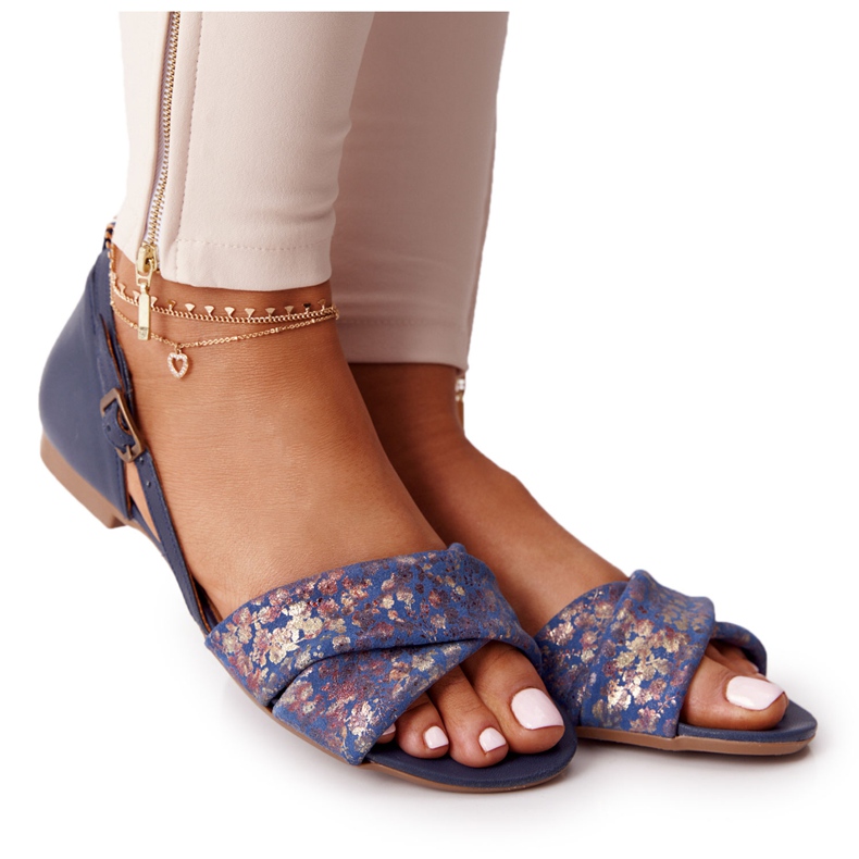 Sandalias Piel Con Flores Maciejka 04614-43 Azul Marino dorado