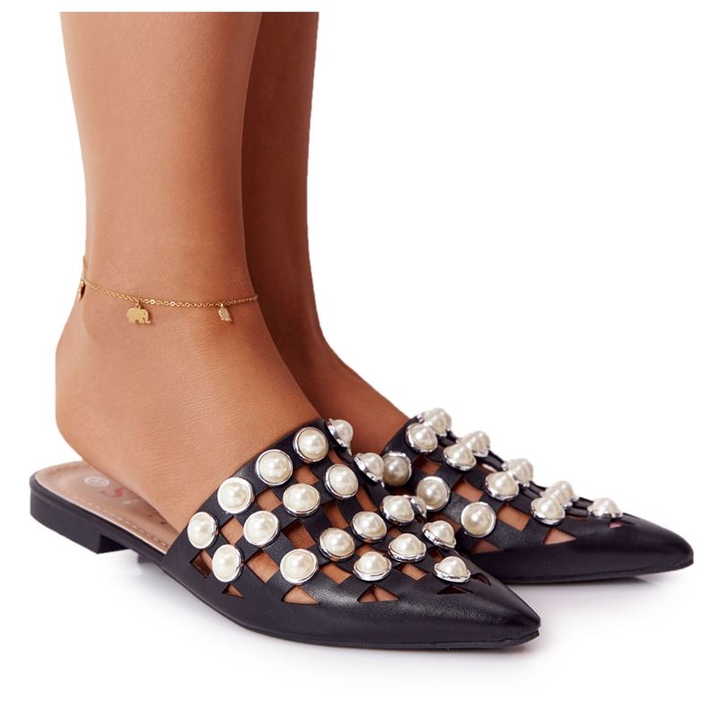 PS1 Pantuflas negras onduladas con empeine y perlas negro PS1 Pantuflas negras onduladas con empeine y perlas negro