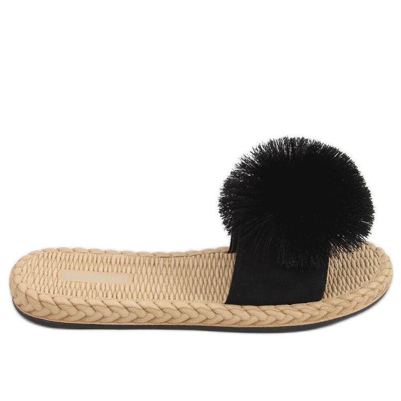 Black S-410 Pantuflas negras con pompón negro Black S-410 Pantuflas negras con pompón negro