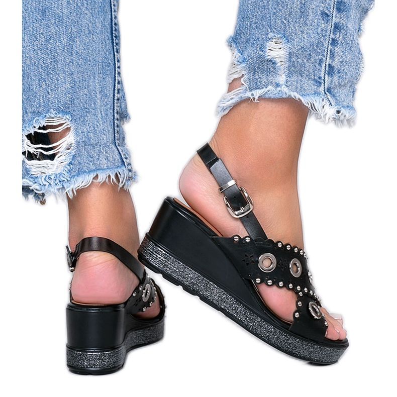 Sandalia cuña negra metalizada Mon negro Sandalia cuña negra metalizada Mon negro