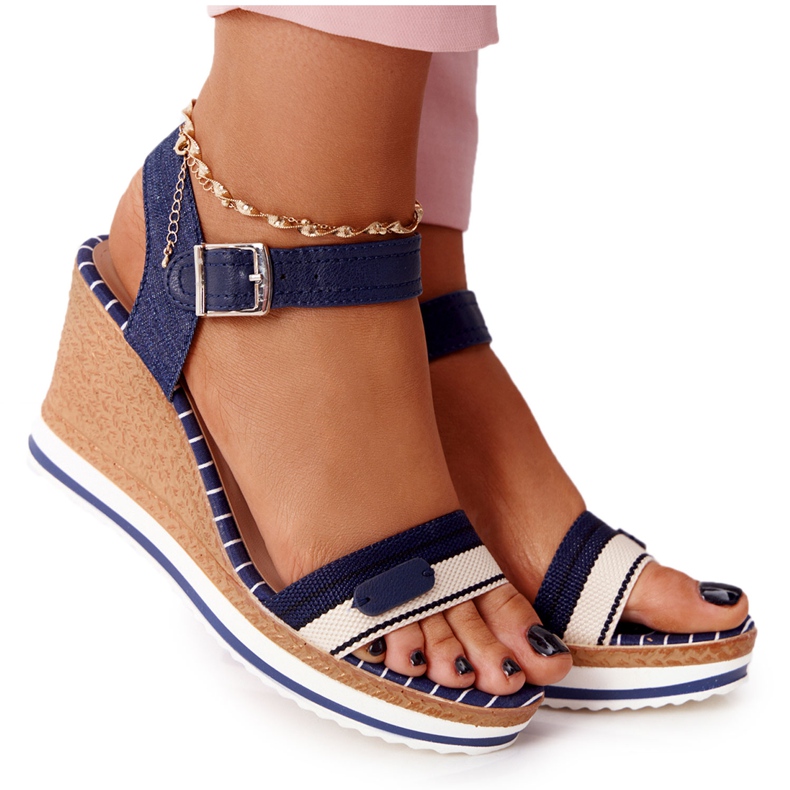 PG1 Sandalias de cuña tropical azul marino beige marrón