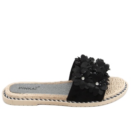Negro LS003 Pantuflas negras con flores