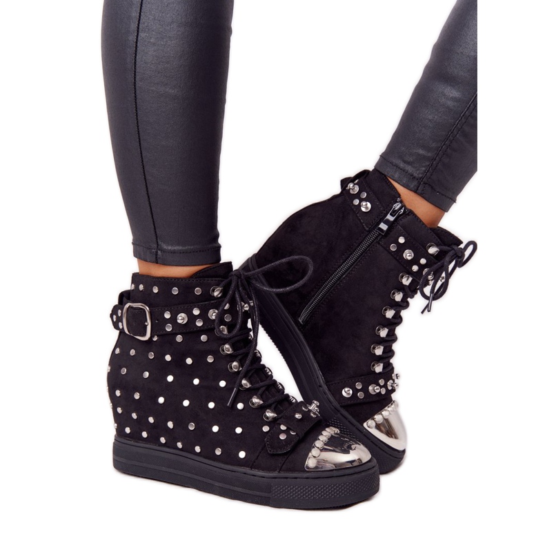 Botas de cuña Lu Boo negras de ante negro con diamantes de imitación