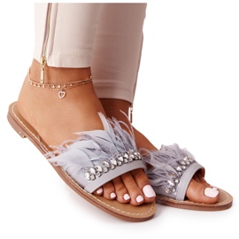 Pantuflas Con Plumas Lu Boo Gris
