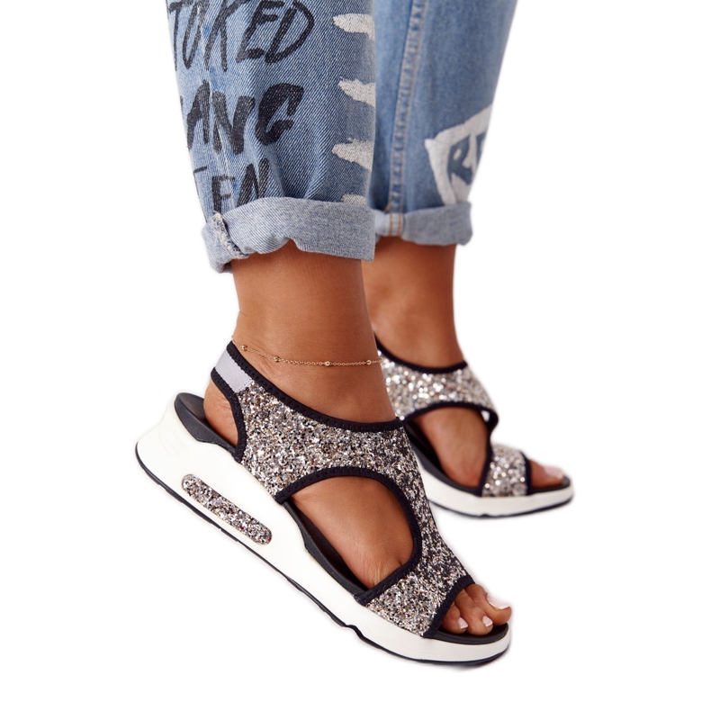 S.Barski Sandalias plateadas sin cordones con brocado Zoey negro