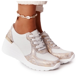 Zapatillas de piel con cuña S.Barski 82105 Blanco-Dorado beige