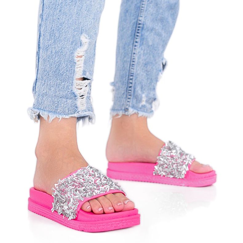 Pantuflas rosa neón con circonita Love Bling rosado Pantuflas rosa neón con circonita Love Bling rosado