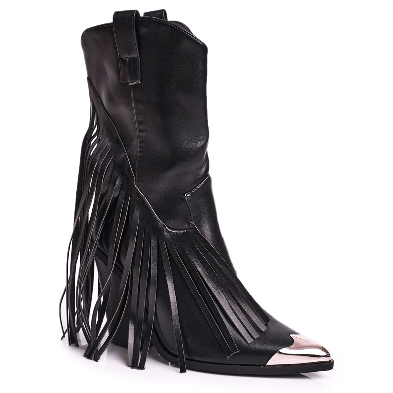 Botas De Mujer Tacón Alto Con Flecos Botas Vaqueras Jessica Negras negro