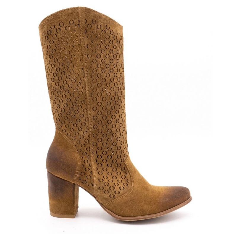 EXQUISITE Botas de mujer de piel calada con tacones altos 1224 marrón coñac