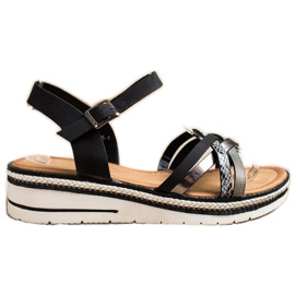Groto Gogo Sandalias de moda en una cuña baja. negro gris Groto Gogo Sandalias de moda en una cuña baja. negro gris