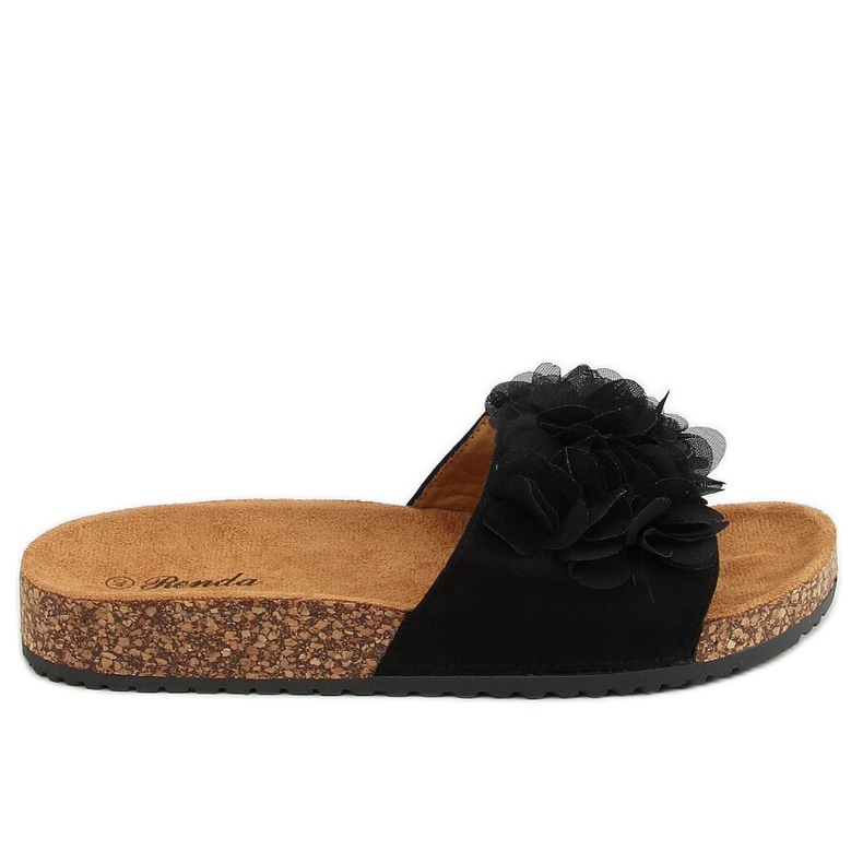 Zapatillas de corcho negro con flores 620-73 Negro