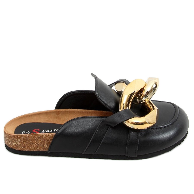 Black T397 Pantuflas negras con cadena gruesa negro Black T397 Pantuflas negras con cadena gruesa negro
