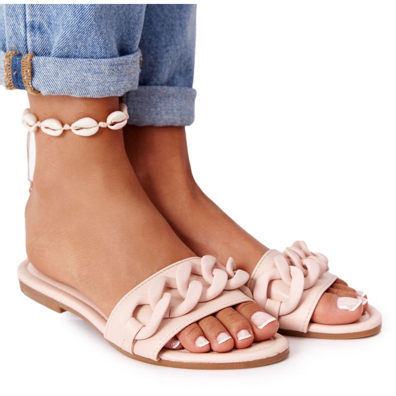 PS1 Pantuflas De Piel Con Cadena Beige Paso A Paso PS1 Pantuflas De Piel Con Cadena Beige Paso A Paso