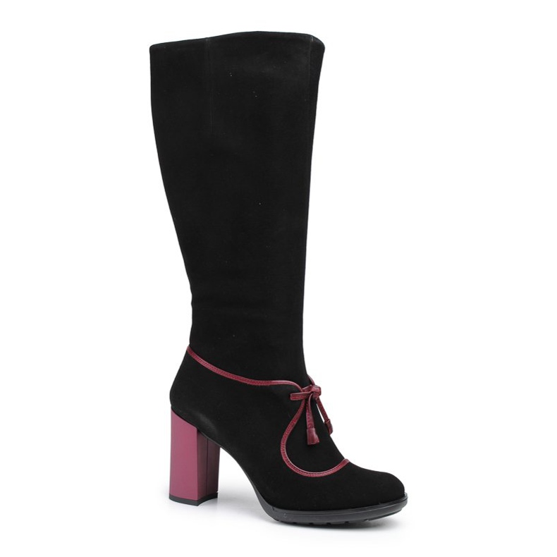 Marco Shoes Botas de piel de ante negro con tacón morado e inserciones moradas violeta