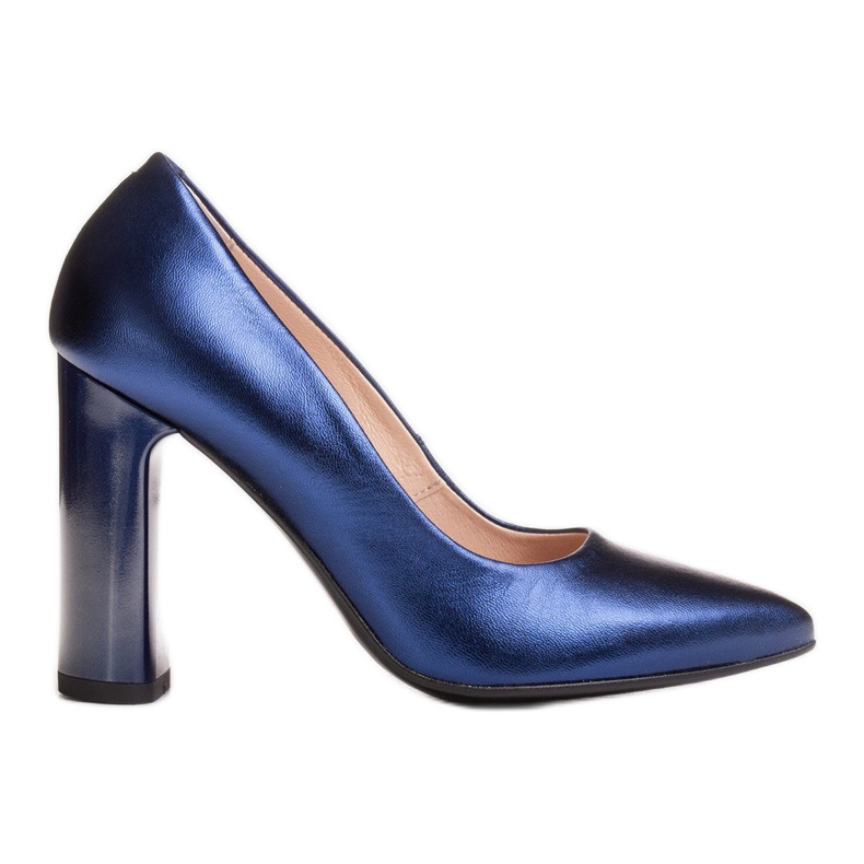 Marco Shoes Un elegante salón de piel azul marino metalizado con un tacón más alto