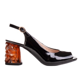 Marco Shoes Sandalias lacadas en negro con tacón en ámbar 3D