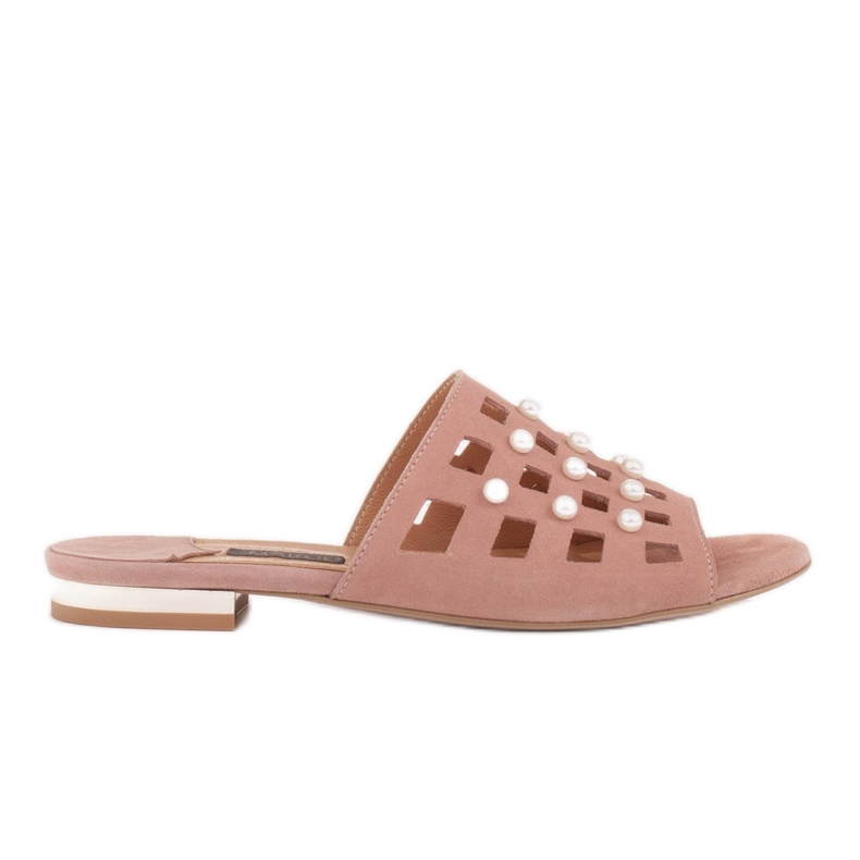Marco Shoes Pantuflas de mujer elegantes con perlas y perforaciones rosado