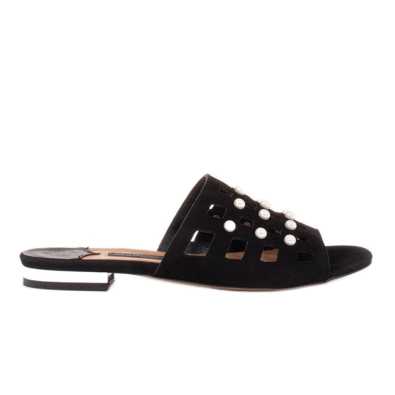Marco Shoes Pantuflas de mujer elegantes con perlas y perforaciones negro