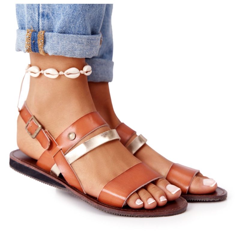 Sandalias planas de mujer, marrón y dorado Doris