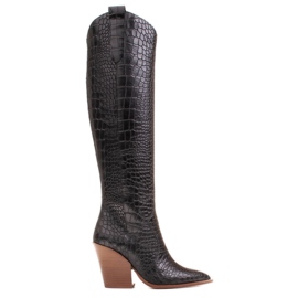 Marco Shoes Botas altas para mujer, botas vaqueras, estampado croco negro